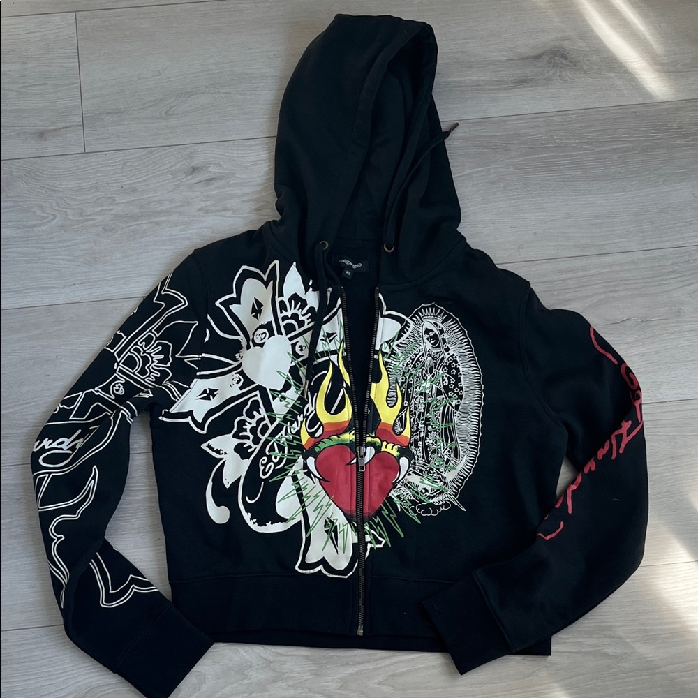Ed Hardy Black Bomber Jacket with Red Heart and White Floral Design